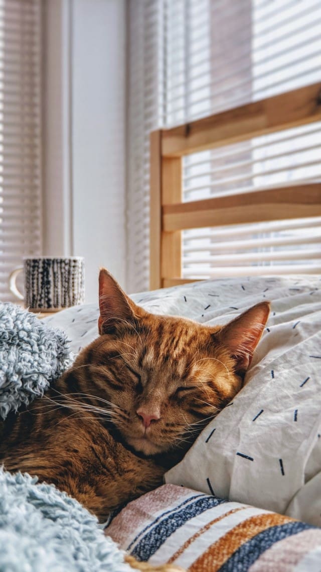 Hình ảnh mèo nằm trên giường sẽ làm bạn bình yên